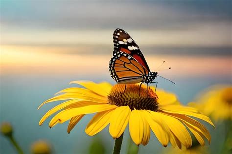 Premium Ai Image Butterfly On A Flower In Sunset