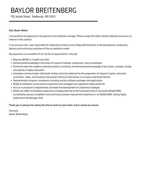 Accreditation Manager Cover Letter Velvet Jobs