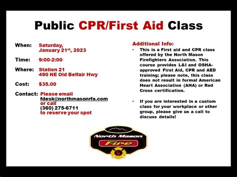 Public CPR First Aid Class January 21st 2023