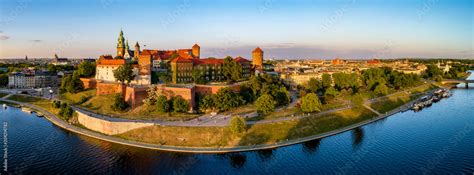 Krakow Poland Wide Aerial Panorama At Sunset With Royal Wawel Castle