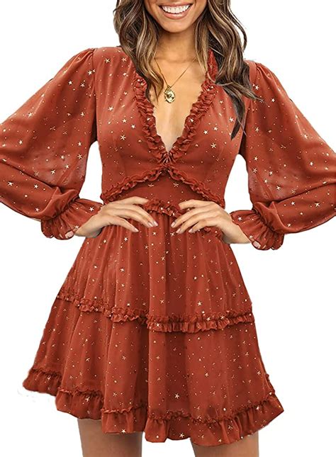 Happy Sailed Womens Spring Summer Long Sleeve Dress 2023 Deep V Neck