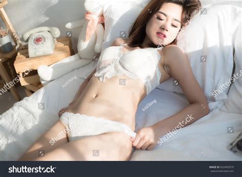 Sexy Beautiful Asian Woman White Lingerie Stock Photo