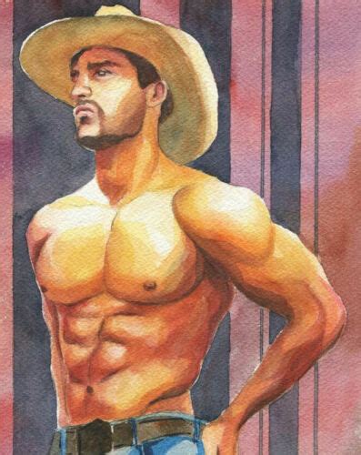 Print Of Original Art Work Watercolor Gay Interest Male Nude Cowboy