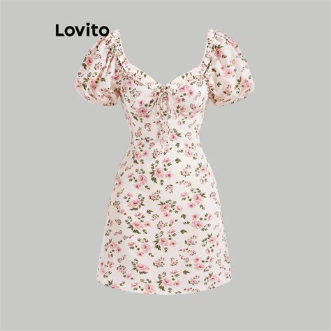 Lovito Casual Floral Lettuce Trim Tie Front Puff Sleeve Dress For Women