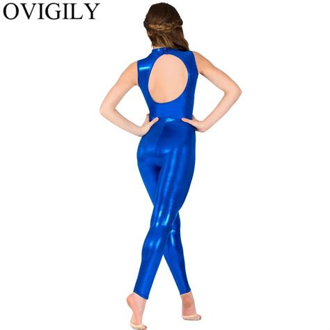 Ovigily Backless Women Sleeveless Metallic Leotard For Dancers Shiny