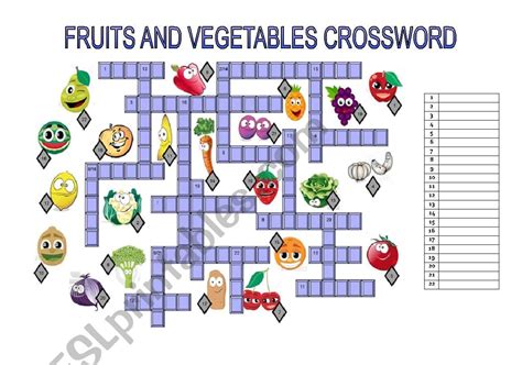 FRUITS AND VEGETABLES CROSSWORD ESL worksheet by noeliagarcía