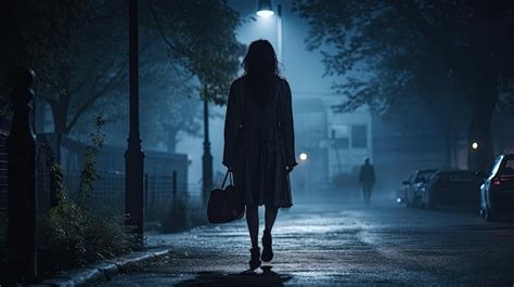 Premium AI Image | A single young woman walking home in a dark park at night feeling scared and ...