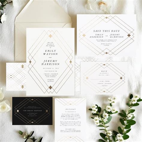 Gold Diamond White Geometric Deco Gatsby Wedding Invitation Zazzle