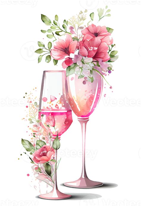 Watercolor Pink Wine Glass With Roses Card Design For Valentine S Day Champagne Glass With