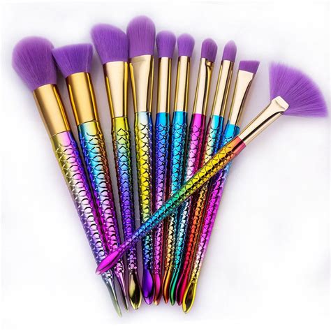 2018 Colorful Spiral Purple Hair Mermaid Makeup Brush 10pcs In Color 19cm X 3cm X 25cm