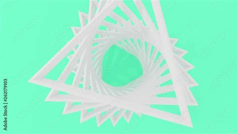 3D animation computer render of white triangle flying up and twist ...