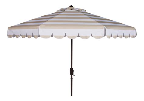 Single Scallop Stripe 9 Ft Crank Push Button Tilt Umbrella In Beige