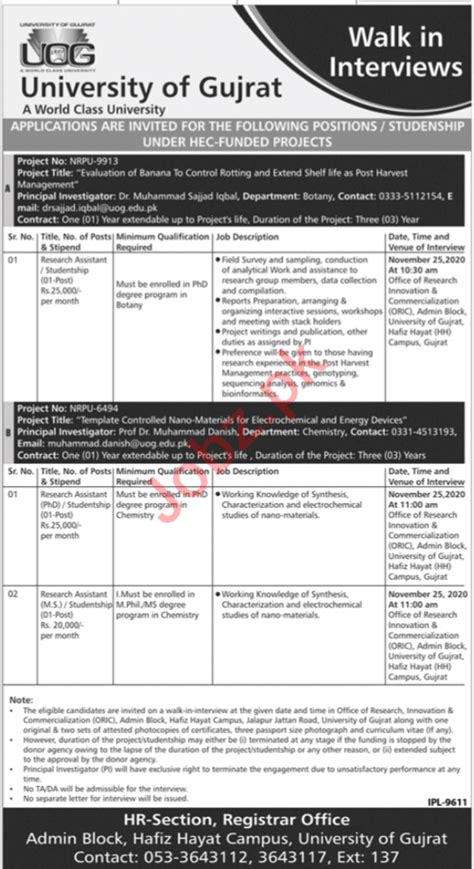 University Of Gujrat UOG Jobs 2020 For Research Assistant 2024 Job