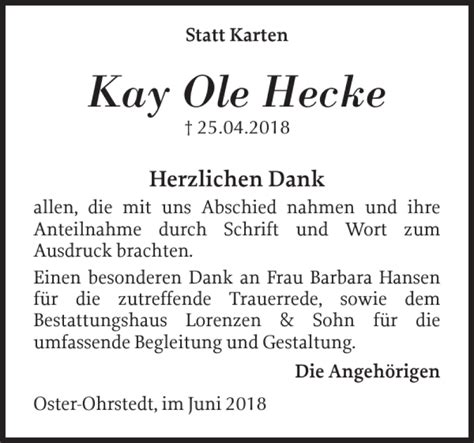 Traueranzeigen Von Kay Ole Hecke Sh Z Trauer