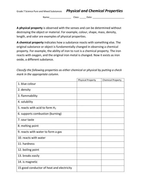 Physical And Chemical Properties Worksheet Physical Science A