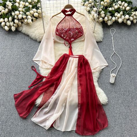 Red Chinese Traditional Perspective Lingerie Cosplay Soft Women Robe