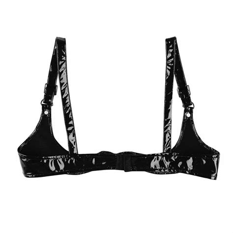 Womens Sexy Bra Lingerie Wire Free Spaghetti Straps Wetlook Faux Leather Exposed Breasts Bra