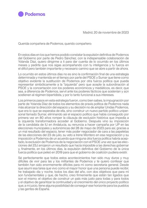 Carta De Ione Belarra A La Militancia De Podemos By Factor A Prisa