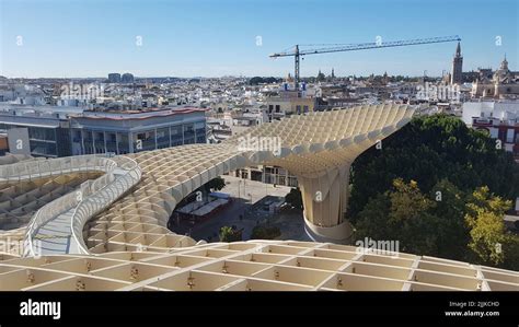 An aerial top view of Metropol Parasol, or Setas de Sevilla in Seville ...