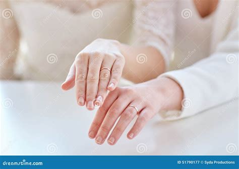 Close Up Of Lesbian Couple Hands And Wedding Rings Stock Image Image Of Human Homosexual