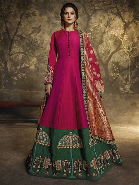 Pink And Green Ethnic Embroidered Anarkali Suit Hatkay