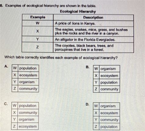 Solved: 5. Examples of ecological hierarchy are shown in the table ...