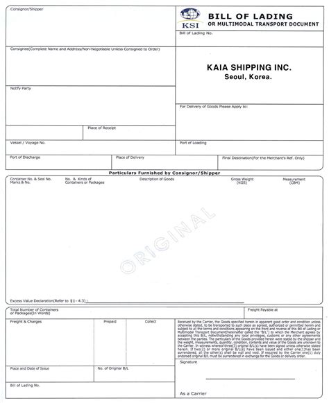 I APPLICATION II BILL OF LADING III CONDITIONS OF