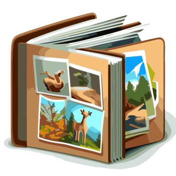 Photo Album Vector, Sticker Clipart Book Open With Various Pictures On ...