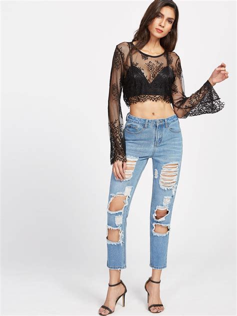 Black Bell Sleeve Sheer Floral Eyelash Lace Crop Top Shein Sheinside