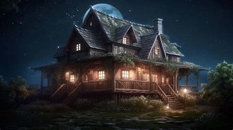 Premium Ai Image Fantasy Wooden Cottage In Night Magical Deep Space A