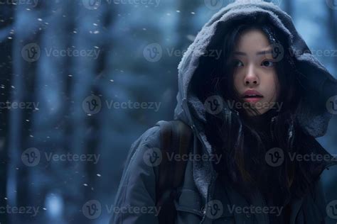 Ai Generated Asian Girl Lost In Snowy Winter Forest At Day Neural