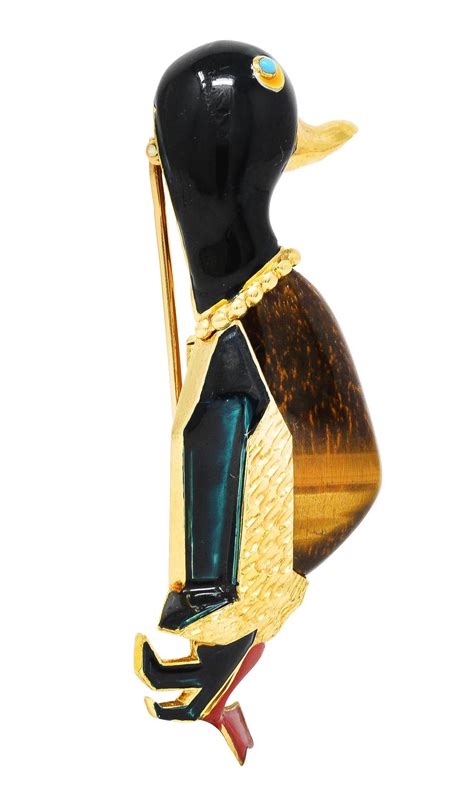 Cartier French Enamel Tigers Eye Turquoise 18 Karat Yellow Gold Duck