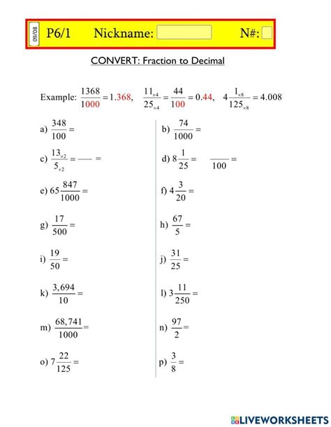 Convert Fraction To Decimal Interactive Worksheet Live Worksheets