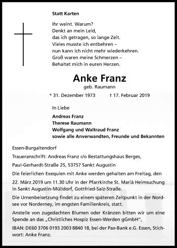 Traueranzeigen Von Anke Franz Wirtrauern