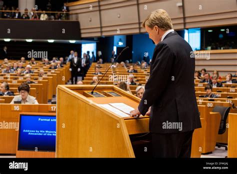 Brussels, Belgium. The Dutch King Willem-Alexander giving a speech ...