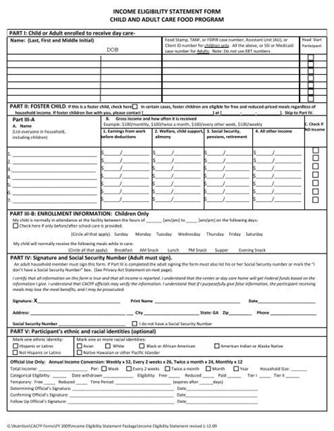 Income Eligibility Statement Form Child And Adult Care Food Program