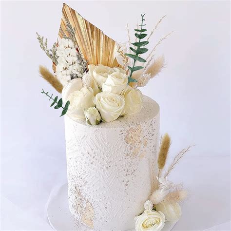 Boho Cake Topper White Artificial Flowers With Gold Palm Leaves For