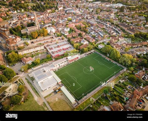 Dorking, Surrey, UK- Aerial view of Dorking Wanderers FC stadium Stock ...