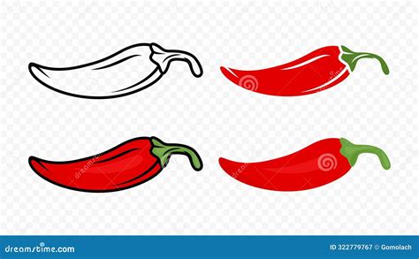 Cartoon Red Hot Chili Pepper Icon Set Closeup Isolated Hand Drawn Spicy Chili Pepper Vector