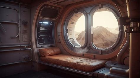 A Window Seat In The Middle Of A Room With A View Of Mountains And Hills