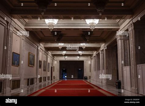 Picture of the interior of the Romanian palace of parliament, with a ...