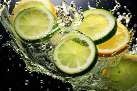 Premium Photo Lemon Slice In A Splash Juices Water Falling Drops