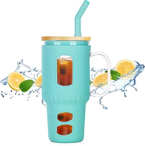 Aikio 32 Oz Glass Tumbler With Handle Glass Water Bottles With Lid And