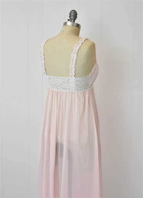S S Light Pink White Floral Lace Sheer Nylon Nightgown Lingerie Boudoir Canned Ham Vintage