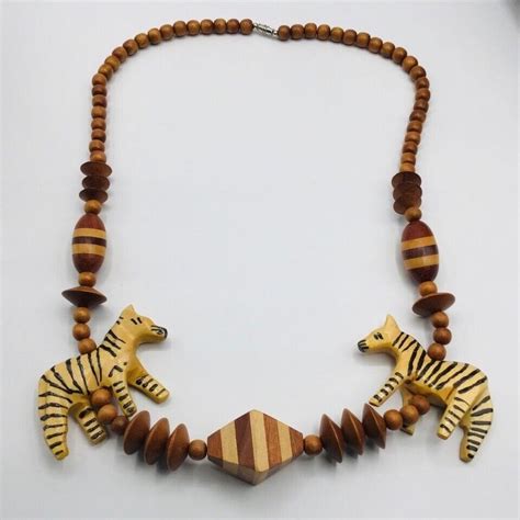 Vtg Statement Necklace Wood Animal African Safari Zeb Gem