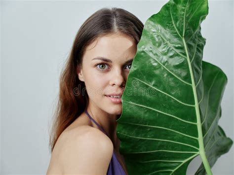 Woman Holding A Green Large Leaf Near Her Face Attractive Look Naked