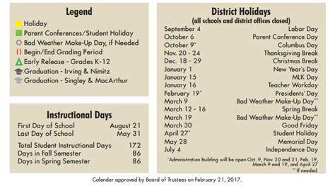 Travis Middle School District Instructional Calendar Irving Isd