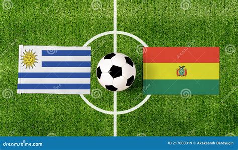 Top View Ball with Uruguay Vs. Bolivia Flags Match on Green Football ...