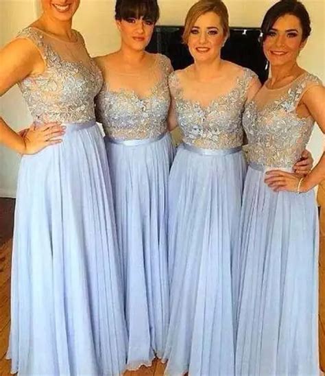 2017 New Arrival Sky Blue Sheer Bridesmaid Dresses Chiffon Appliqued A