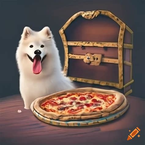 Samoyed Enjoying Pizza From A Treasure Chest On Craiyon